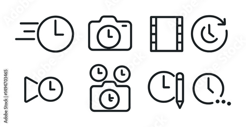 Time management outline icons set - clock, schedule, organizational symbols