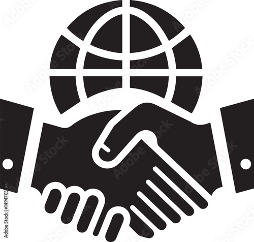 Global Partnership: Hands shaking with a globe , vector illustration ,on white background collaboration, featuring clasped hands over a stylized globe, embodying unity, agreement.