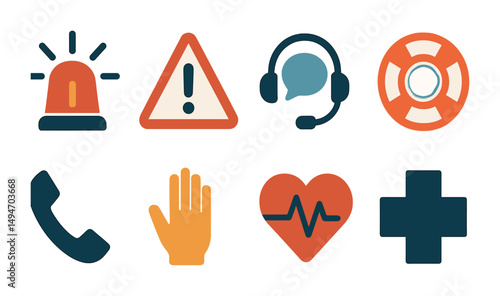 Emergency and support icons set – flat, filled, safety and communication symbols