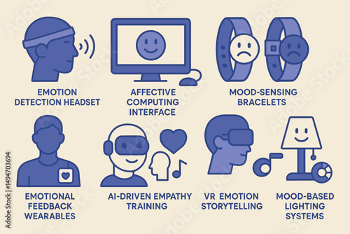 Emotion detection flat icons set – affective computing, wearables, mood analysis symbols