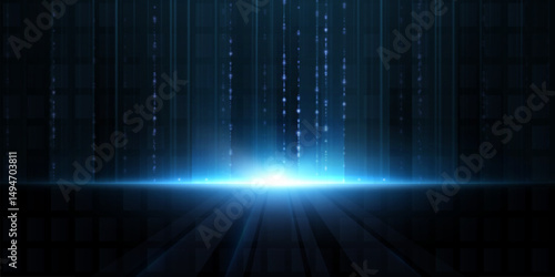 Abstract background with vertical streams of blue light and glowing particles on a dark scene. Futuristic perspective with shining platform and falling digital rays, Matrix style.