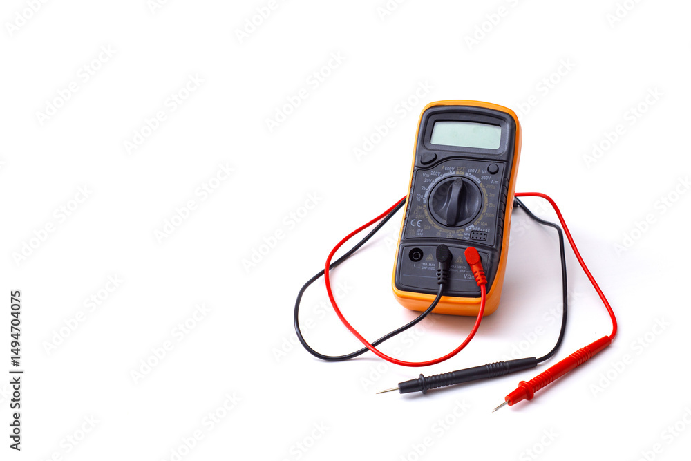 Digital multimeter close-up with test probes isolated on white background. Tool for diagnostics of electronics and voltage measurement. Digital multimeter close-up with test probes isolated on white background. Tool for diagnostics of electronics and voltage measurement.