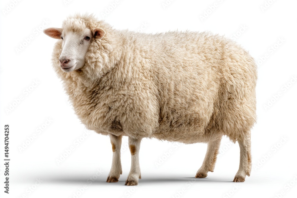 Fototapeta premium Full side view of fluffy white sheep standing on white background. Livestock breed, wool harvesting, and traditional rural farming concept