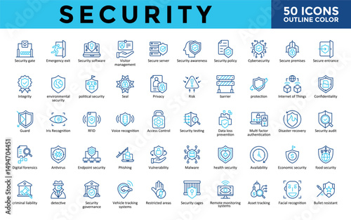 Security icons set with security gate, emergency exit, security software, visitor management, secure server, security awareness, security policy, cybersecurity icon. Simple outline color vector 
