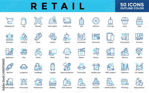 Retail icons set with shopping cart, bag, barcode, cash register, credit card, sale, discount, price tag, store, shop icon. Simple outline color vector 
