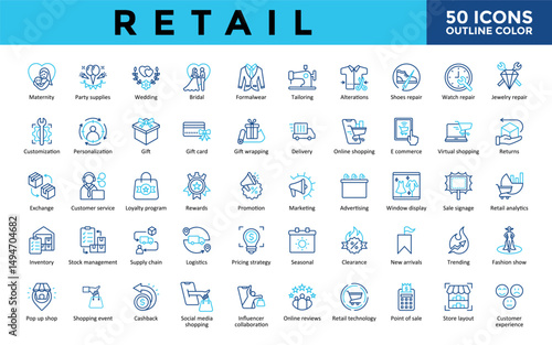 Retail icons set with maternity, party supplies, wedding, bridal, formalwear ,tailoring, alterations, shoes repair, watch repair icon. Simple outline color vector 
