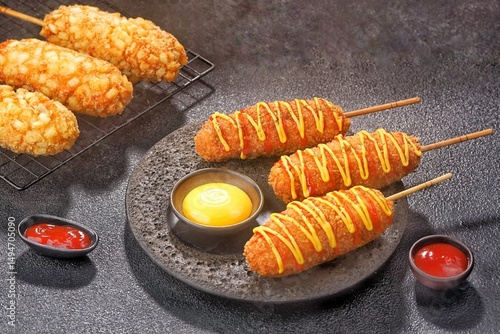 Corn dog is a food made from skewered sausages (usually hot dogs) coated in a thick layer of cornmeal and fried.