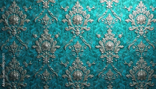 Intricate paisley damask pattern in muted teal and silver , silver, art, vine