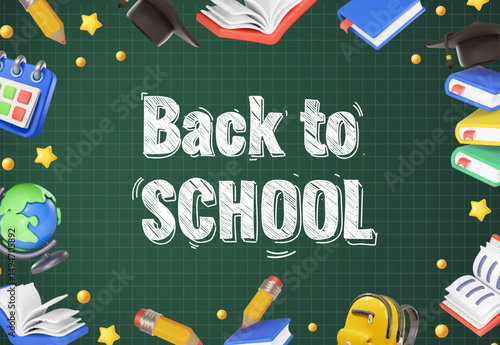 Back to school design. 3d frame Back to school greeting text with backpack schoolbag, book, pencil and chalkboard educational elements. Vector illustration