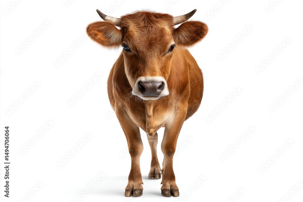Front view of brown domestic cow standing and looking forward on white background. Livestock farming, rural agriculture, and dairy or beef cattle breed concept Front view of brown domestic cow standing and looking forward on white background. Livestock farming, rural agriculture, and dairy or beef cattle breed concept