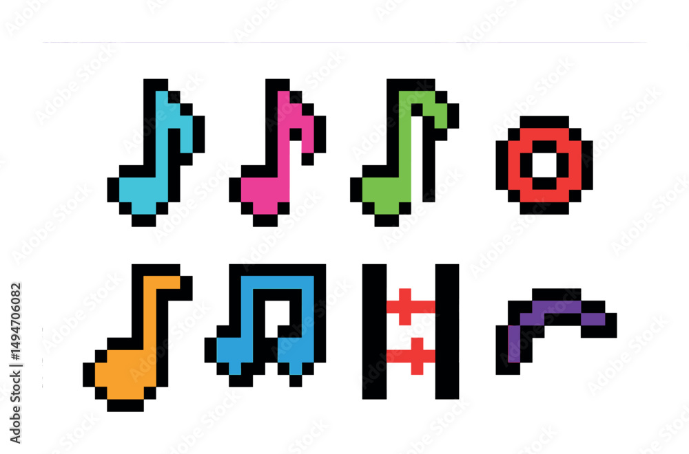 Colorful retro music notes and symbols in pixel art style for creative projects Colorful retro music notes and symbols in pixel art style for creative projects