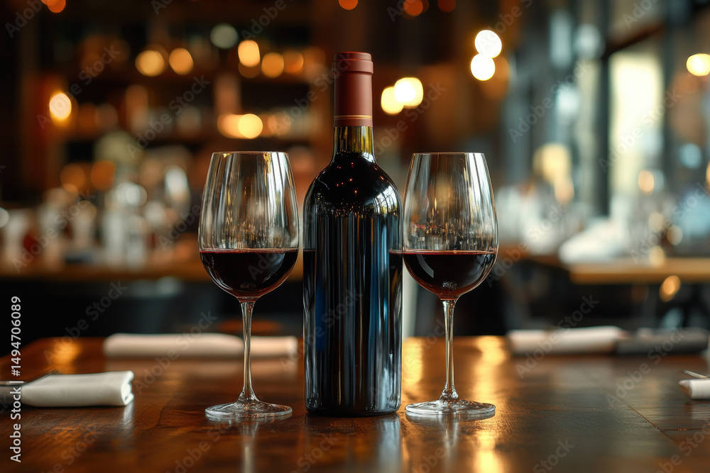 Obraz premium Bottle of wine and glasses on table.