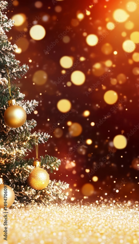Christmas Tree with Gold Christmas Baubles and Blurred Christmas Lights on a Red Background Christmas Tree with Gold Christmas Baubles and Blurred Christmas Lights on a Red Background