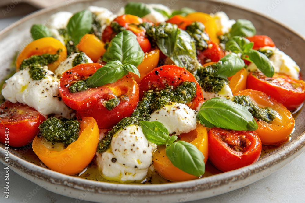 A plate of fresh Caprese salad with mozzarella, tomatoes, and basil leaves. A plate of fresh Caprese salad with mozzarella, tomatoes, and basil leaves.