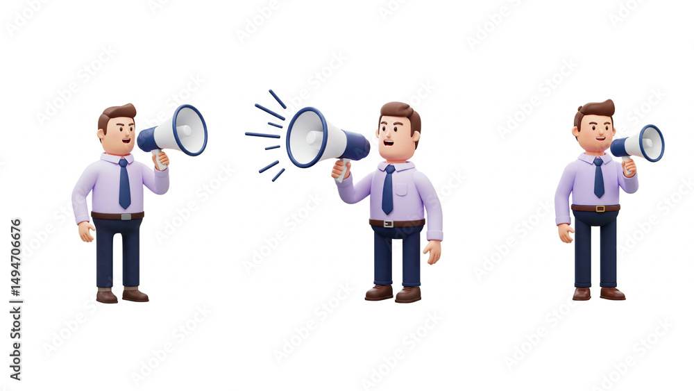 Set of 3D Cartoon Businessman with Megaphone Announcing Set of 3D Cartoon Businessman with Megaphone Announcing