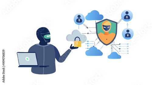 Character use artificial intelligence tools to detect cyberthreats and for data security, protection, privacy. Cybersecurity in cloud computing concept.