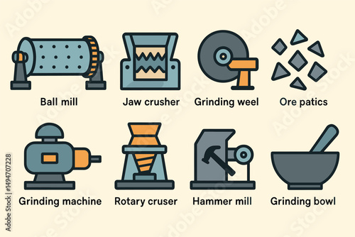 Mineral processing flat icons set – solid, filled, equipment and machinery symbols