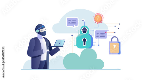 Character use artificial intelligence tools to detect cyberthreats and for data security, protection, privacy. Cybersecurity in cloud computing concept.