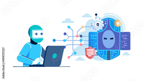 Character use artificial intelligence tools to detect cyberthreats and for data security, protection, privacy. Cybersecurity in cloud computing concept.
