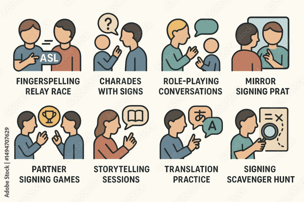 Sign language and communication icons set – flat, conversation, asl symbols Sign language and communication icons set – flat, conversation, asl symbols