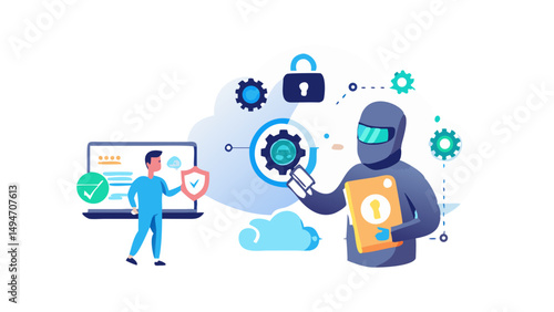 Character use artificial intelligence tools to detect cyberthreats and for data security, protection, privacy. Cybersecurity in cloud computing concept.