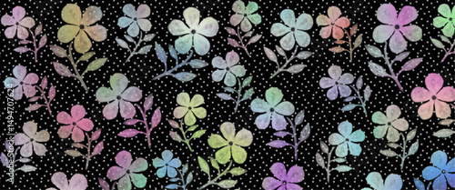 An illustration of rainbow-colored flowers, a background illustration with colorful flowers on a black background, an illustration of polka dots and a fantastical flower field