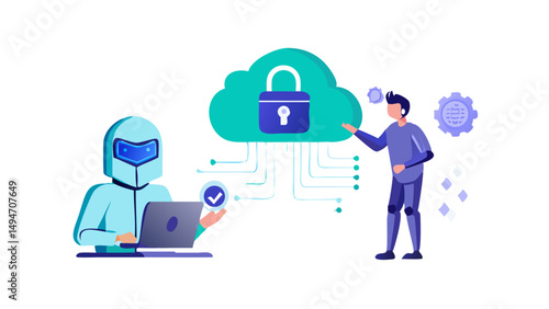 Character use artificial intelligence tools to detect cyberthreats and for data security, protection, privacy. Cybersecurity in cloud computing concept.