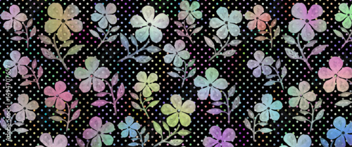 Rainbow-colored flowers, a background illustration with colorful flowers on a black background, rainbow polka dots and a fantastical flower field