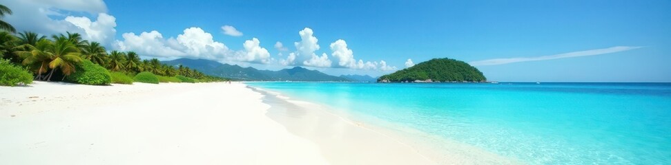 Crédence de cuisine  White sand, clear water, distant green island silhouette, sun, tropical scene, tropical  © prachaya