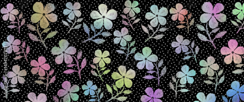 An illustration of rainbow-colored flowers, a background illustration with colorful flowers on a black background, an illustration of polka dots and a fantastical flower field