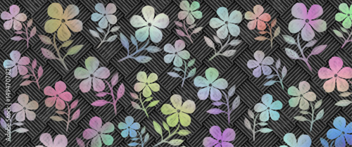 An illustration of rainbow-colored flowers, a background illustration with colorful flowers on a black background, a fantastical illustration of a flower field