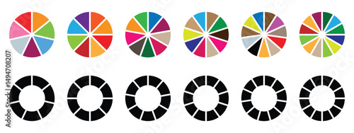 Circle diagram with sections or parts, Set of different color circles, Segmented circle icons for infographic, data analysis, web design. multicolored collection set of circle diagram, infographic des