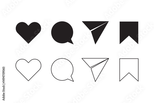 Set of generic social media user interface icons. Like, comment, share and save icons. Social media flat icons. Vector, flat outline icon isolated on white, 10 eps.