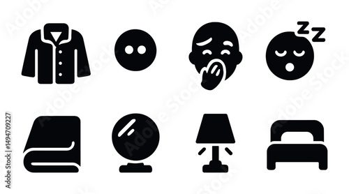 Sleep and bedroom silhouette icons set – filled, solid, nighttime and relaxation symbols