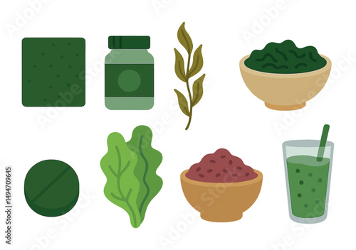 Spirulina and max chlorella flat icons set – filled, superfood, health symbols