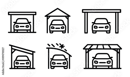 Car garage outline icons set – line, silhouette, automotive and parking symbols