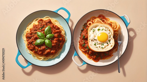 Hot Spaghetti Bolognese and Garlic Bread Flat Lay