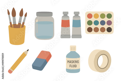 Art supplies flat icons set – drawing, painting, creative tools and materials