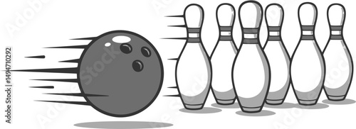 A flat vector illustration of a bowling alley featuring a bowling ball rolling towards a set of pins. EPS 10 version.