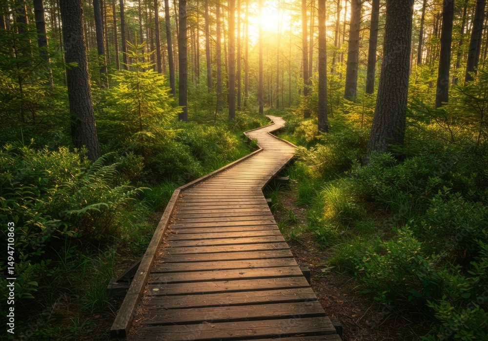 Obraz premium Wooden Path Winding Through Forest with Sunlight Shining Through Trees