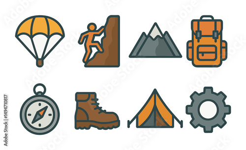 Outdoor adventure flat icons set – hiking, camp, expedition symbols