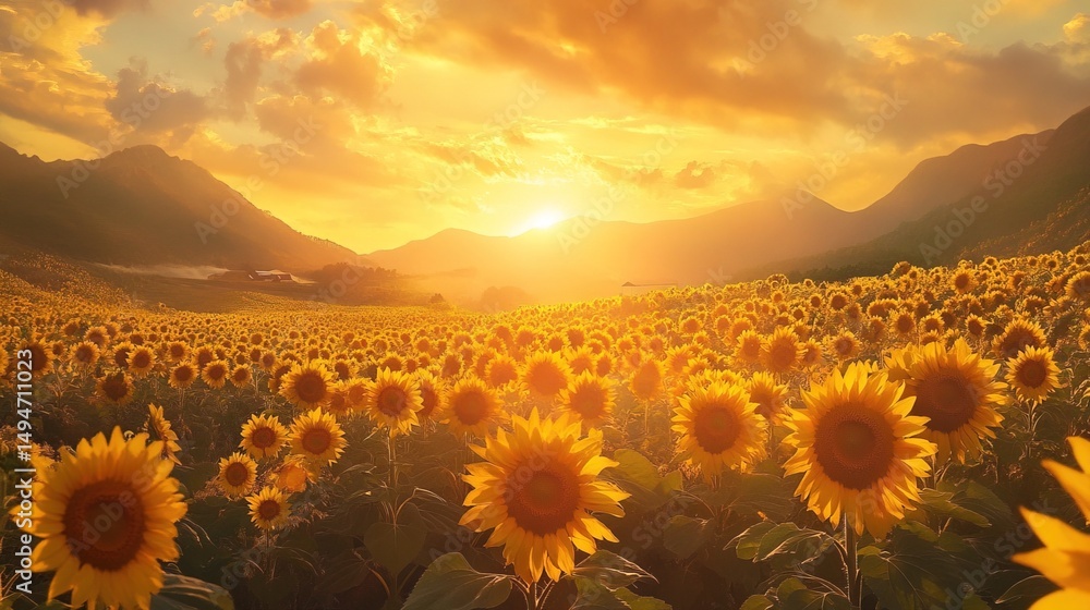 Fototapeta premium A sunflower farm glowing under the golden evening light