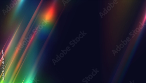 AColorful prismatic light streaks on dark background with glowing refraction effect. Vector illustration for digital design, abstract covers, posters, or modern visual backdrops.

