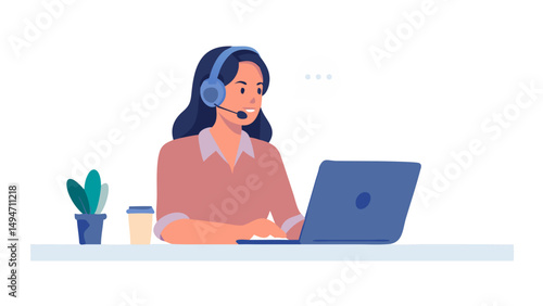 Woman hotline operator wearing headphones and microphone typing on laptop. Call center, customer service, assistance concept. Vector illustration. 