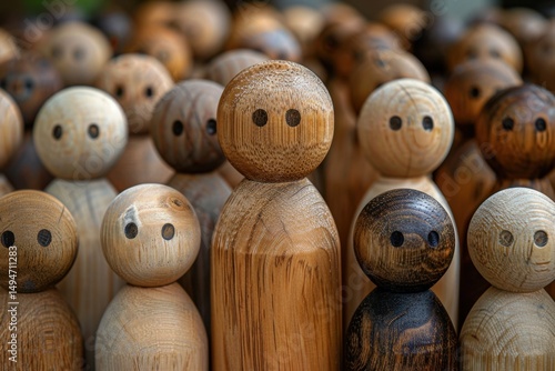 Diverse wooden figures grouped together, showcasing natural colors and textures.