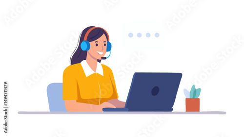 Woman hotline operator wearing headphones and microphone typing on laptop. Call center, customer service, assistance concept. Vector illustration. 