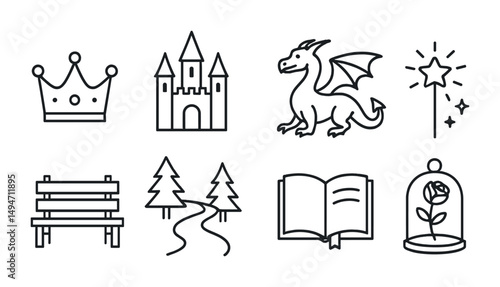 Fairy tale outline icons set – linear, whimsical fantasy and story symbols