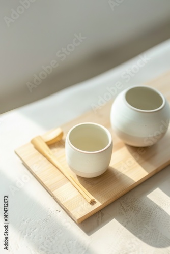 Minimalist tea set with two ceramic cups and bamboo utensils on a wooden tray.
