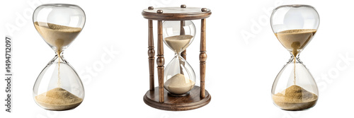 Set For Three hourglasses with sand flowing isolated on transparent background