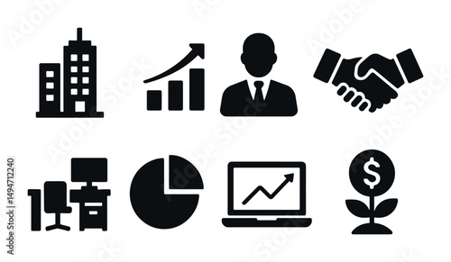 Business and finance solid icons set – filled, economic, corporate symbols